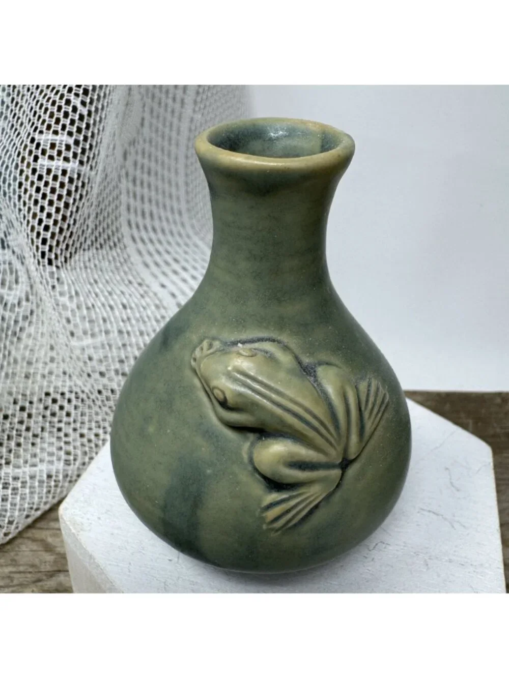Celadon Green Pottery Vase w/ Frog Small 3